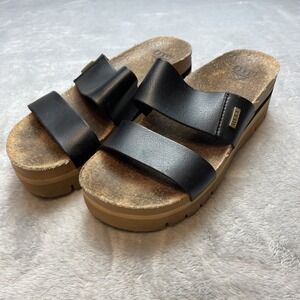Reef Womens Cushion Vista Hi Platform Sandals 6 Black Tan Cork Beach Slip On